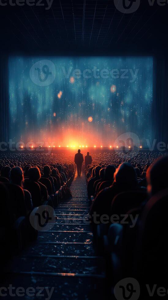 Audience gathers in dimly lit theater as lights shine onstage during a performance photo