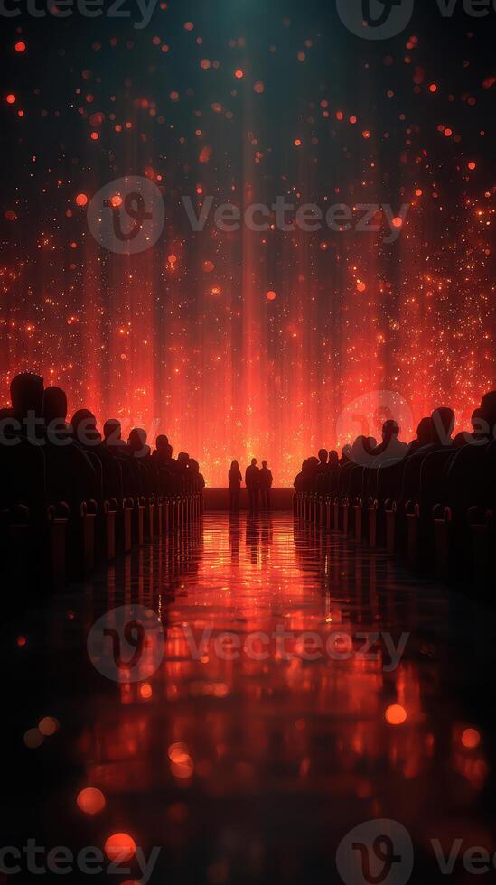 Spectacular light show captivates audience in vibrant red hues during evening performance at a theater photo