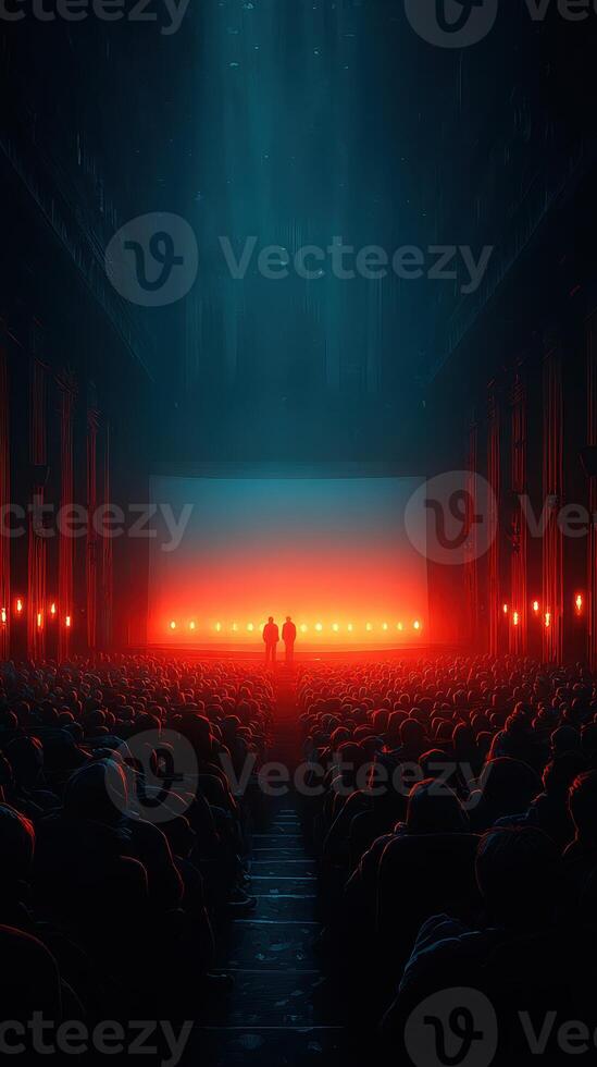 Audience gathers in a dimly lit theater for an intense presentation with striking lighting effects at dusk photo