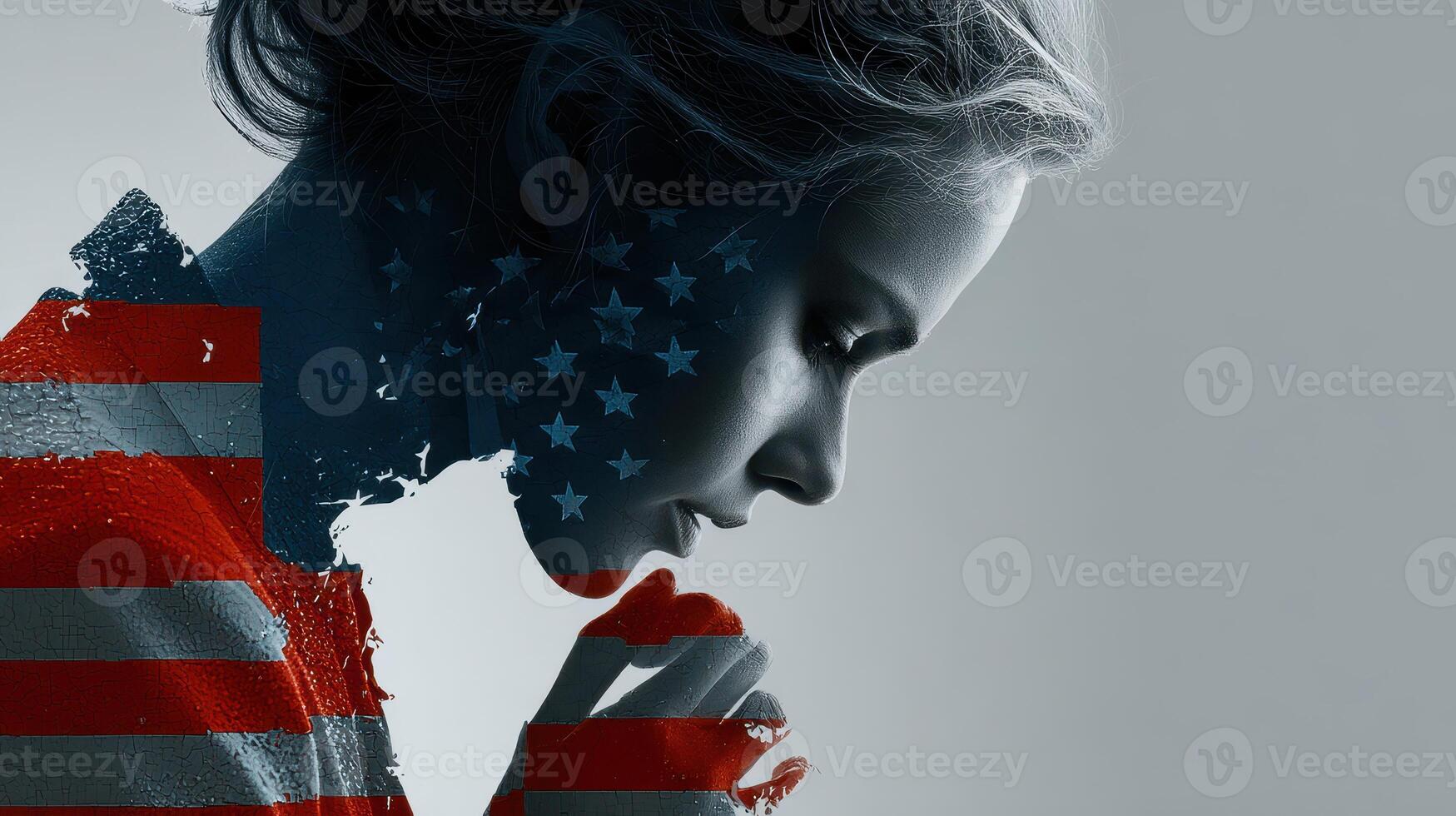 Portrait of a young woman with an artistic overlay of the American flag during a reflective moment photo