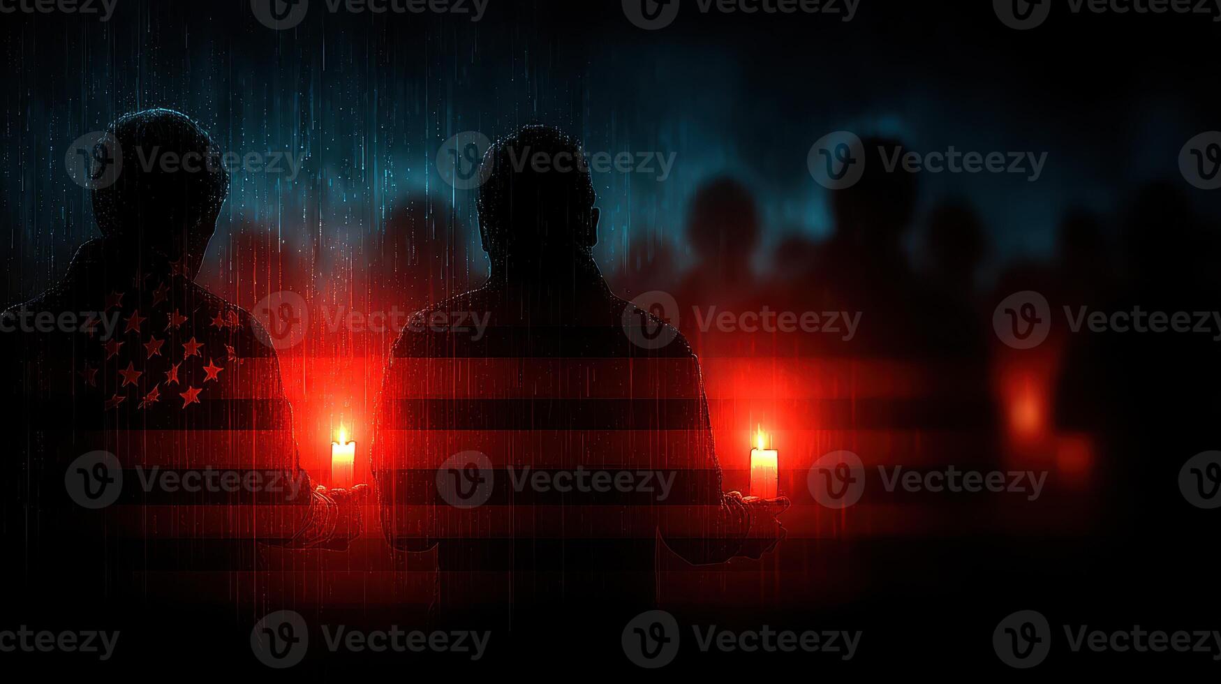 People holding candles in the rain with an American flag background during a memorial event at night photo