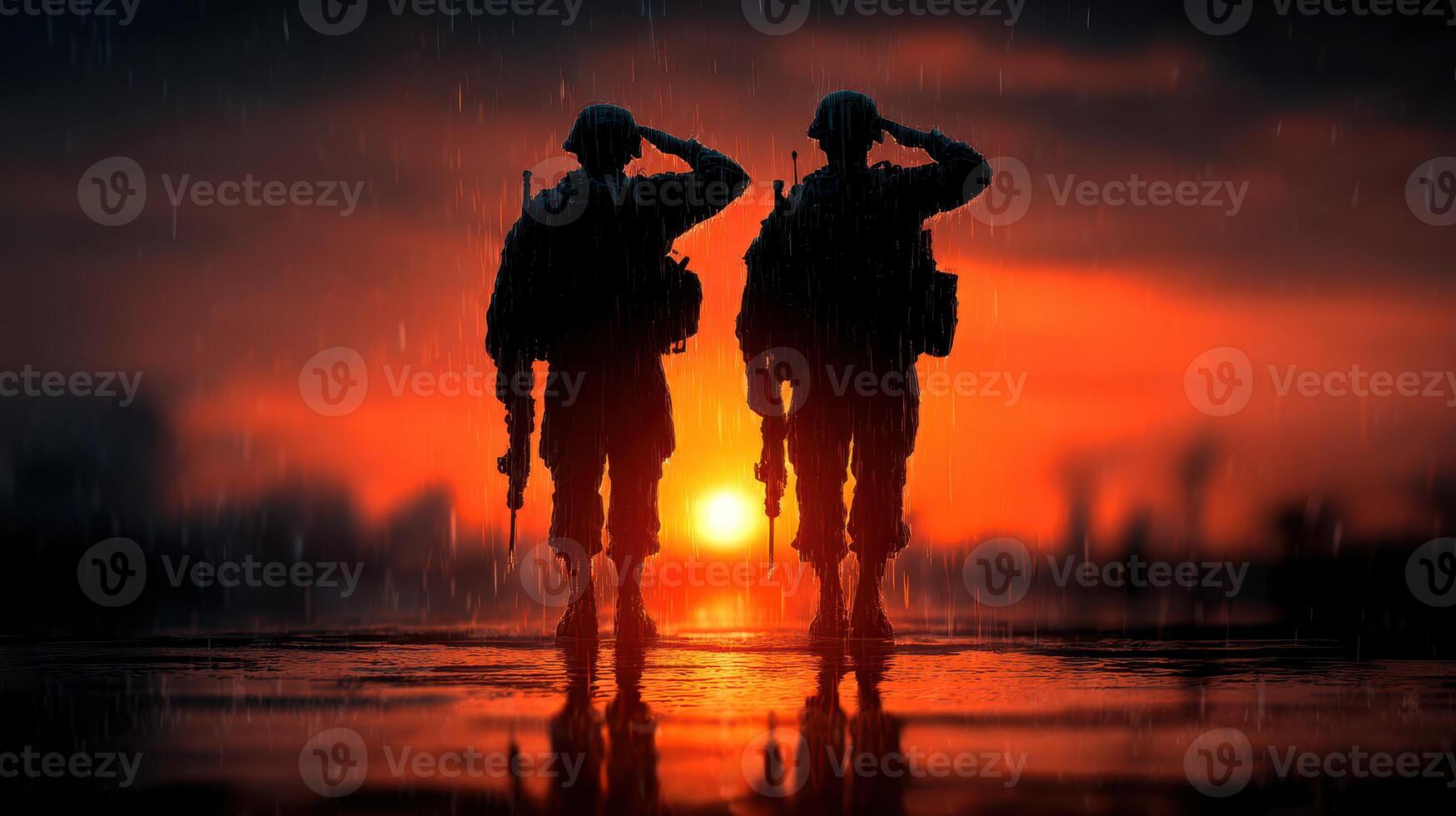 Soldiers salute at sunset amidst rain, displaying honor and bravery in a poignant farewell moment photo