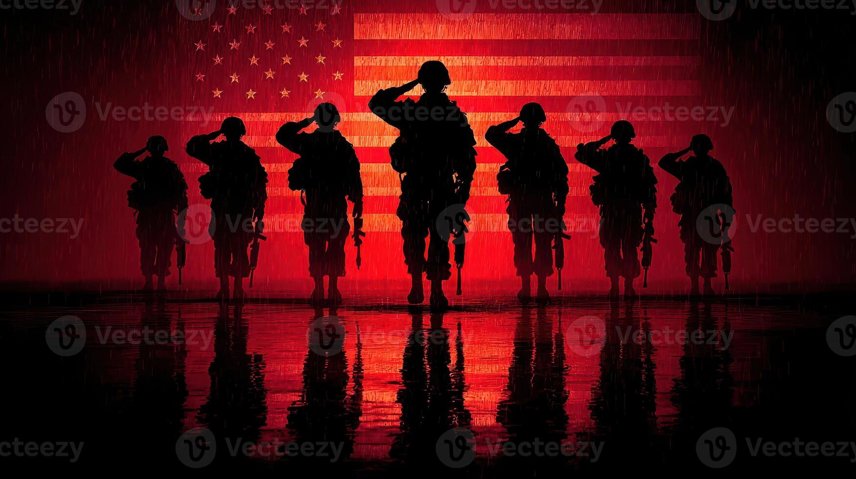 Soldiers saluting against a vibrant backdrop of the American flag during a solemn tribute at night photo