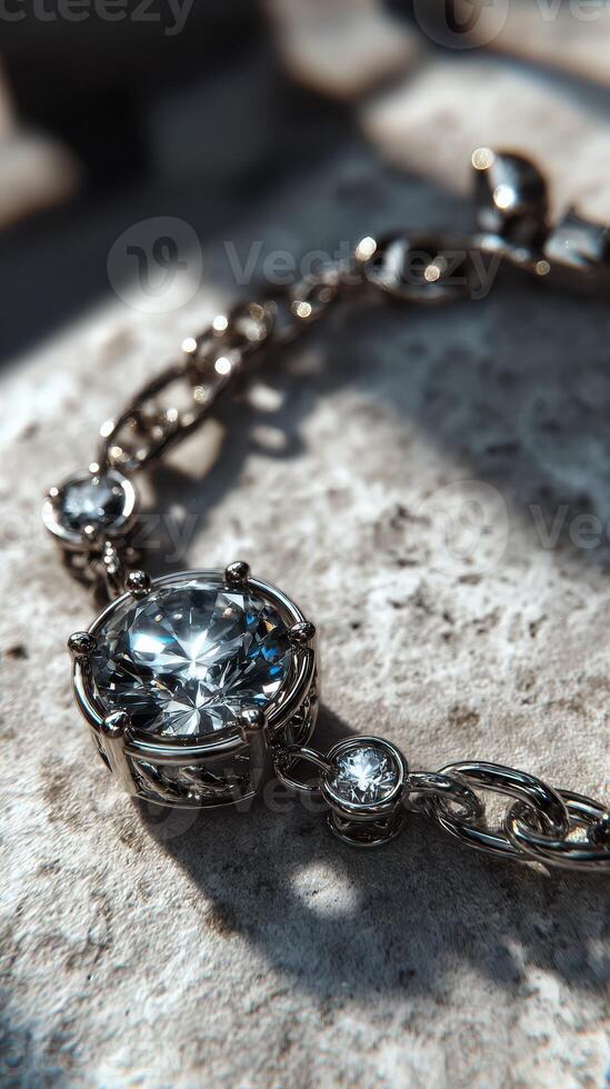 Elegant silver bracelet adorned with sparkling gemstones resting on a textured surface in soft natural light photo