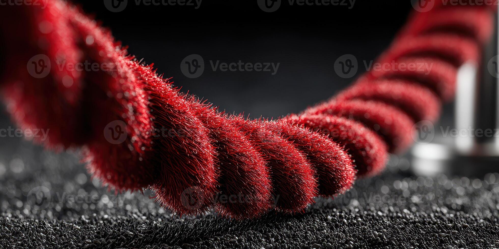 Textured red rope with fine fibers displayed on a dark background highlighting its unique design features photo