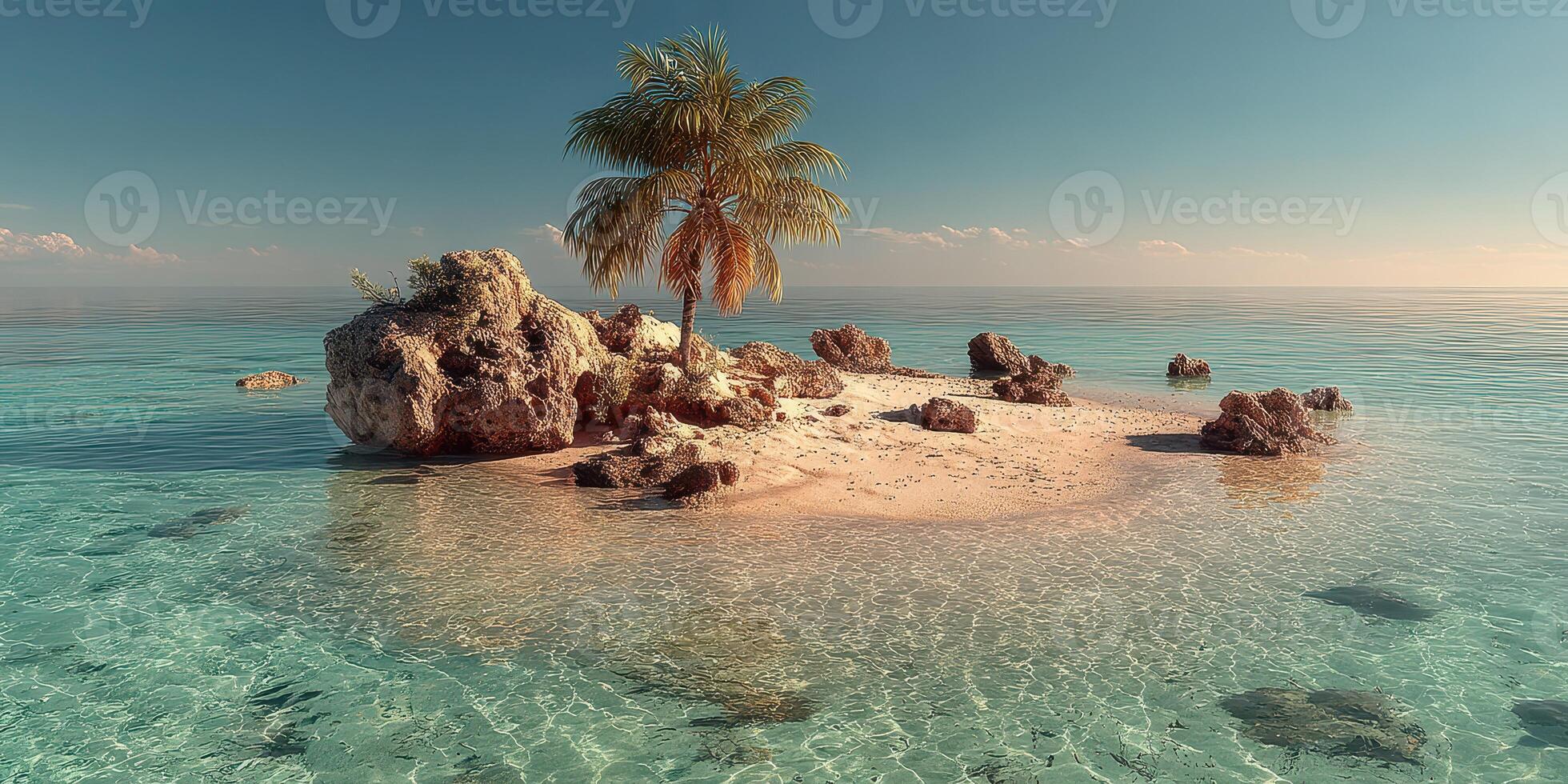 Island paradise with palm tree and clear blue waters in tropical setting under bright sunlight photo