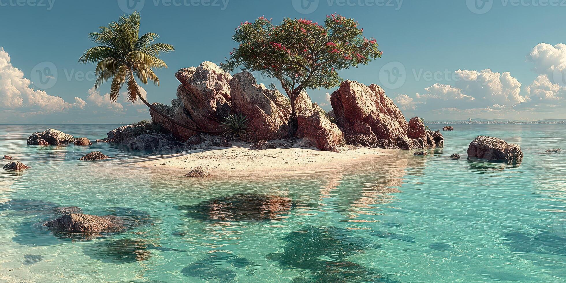 Serene tropical island surrounded by clear waters with calm reflections under a bright sky photo