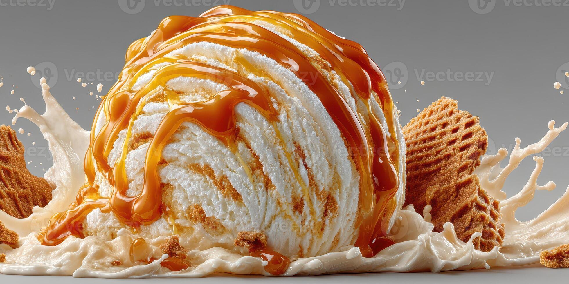Delicious ice cream scoop drizzled with caramel sauce and surrounded by crunchy wafer cookies photo