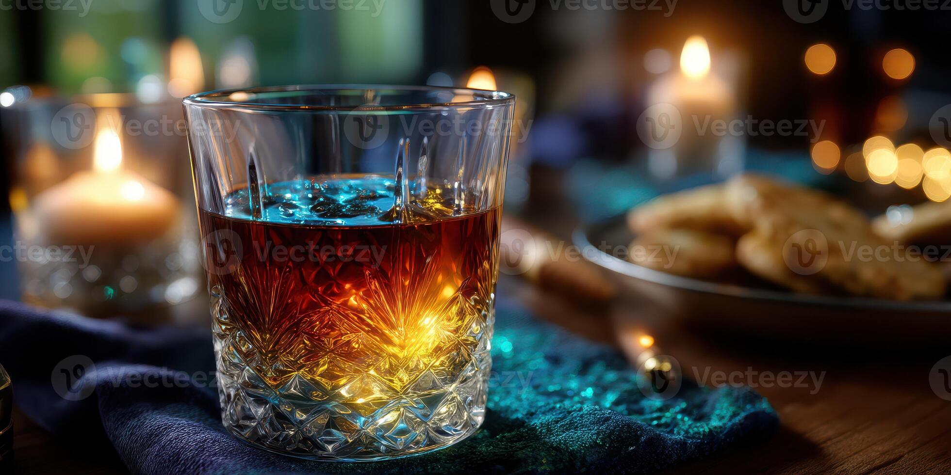 Evening gathering with whiskey glass and cookies by candlelight in a cozy setting photo