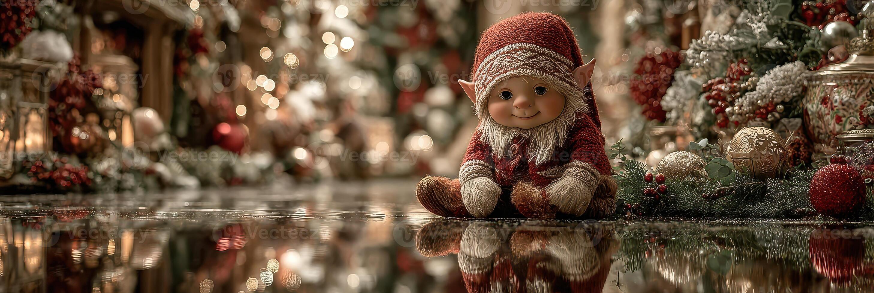 Smiling elf doll surrounded by festive decorations in a cozy holiday setting photo