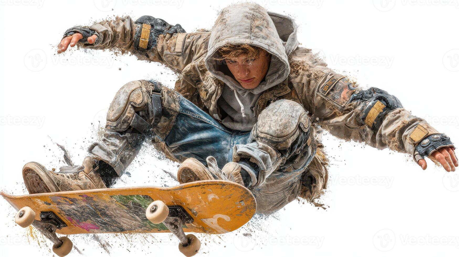 Skateboarder performs a mid-air trick during an urban skate session in a grungy outfit on a sunny day photo