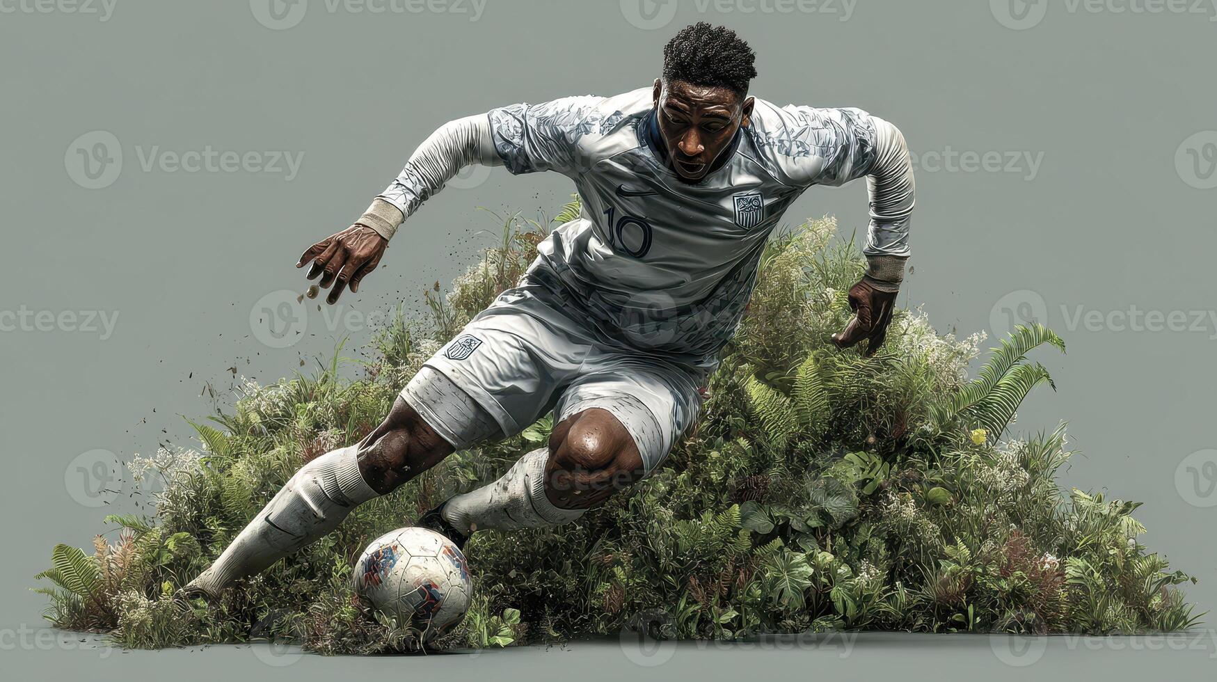 Dynamic soccer player dribbles through vibrant greenery at an urban setting during a sunny day photo
