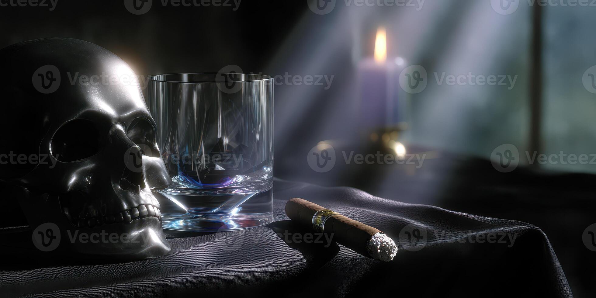 Dark and moody still life with a skull, glass and cigar featuring shadows and light photo