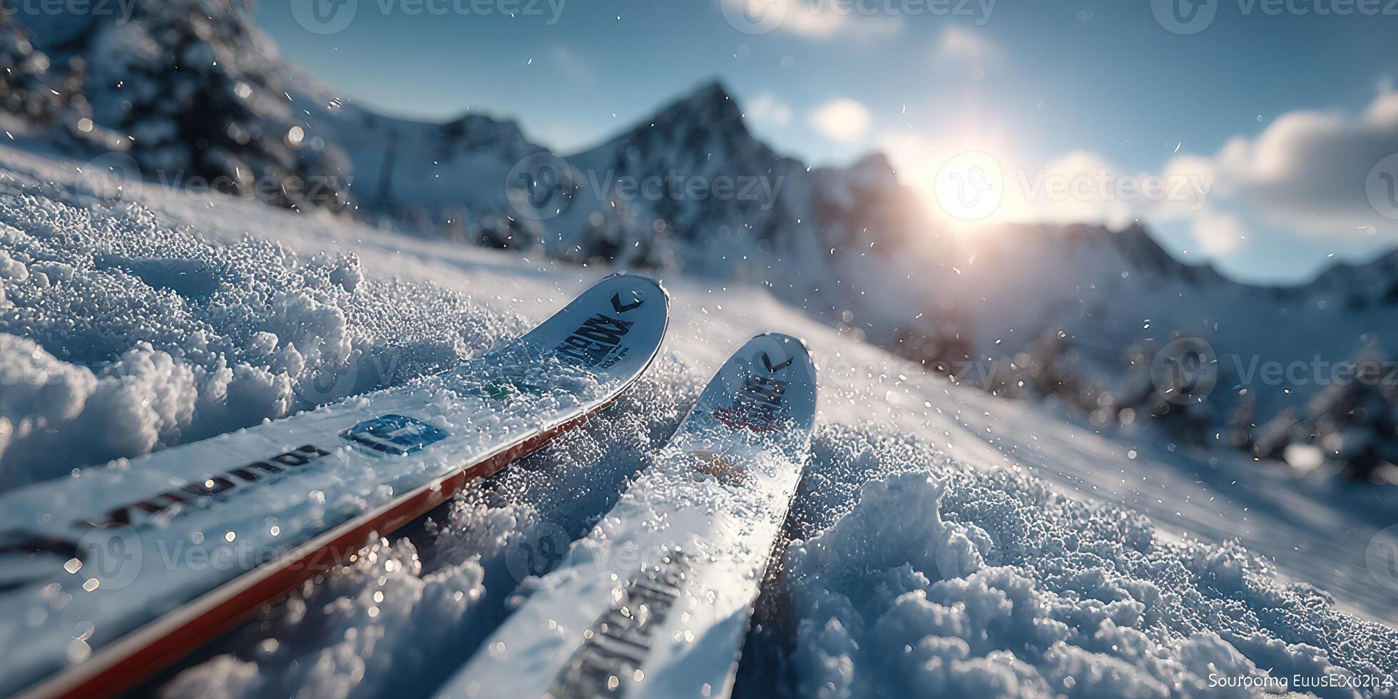 Winter skiing adventure on fresh snow with mountain backdrop during golden hour in a breathtaking landscape photo