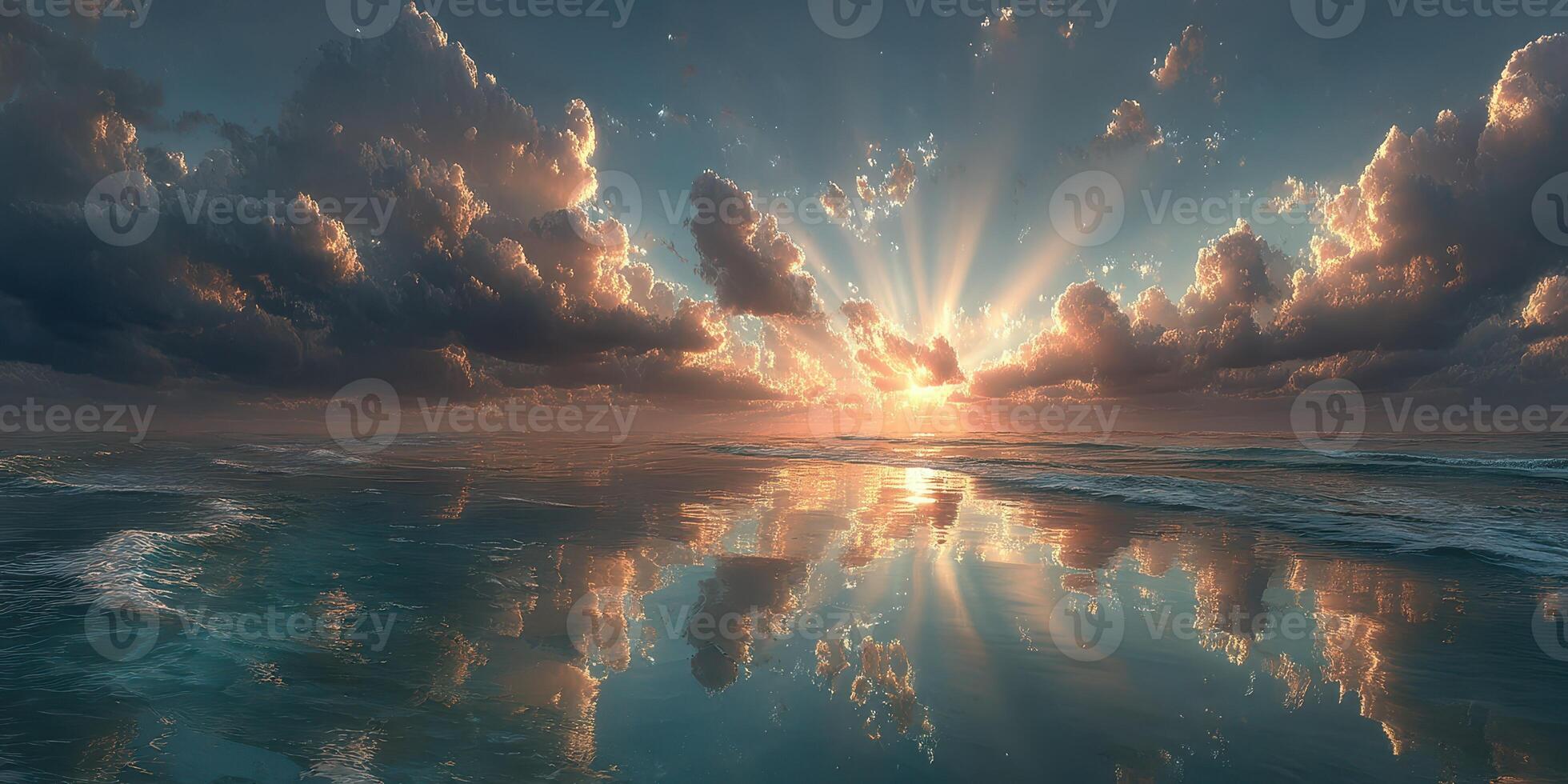 Sunrise over calm ocean waters with clouds and vibrant colors reflecting on the surface at dawn photo