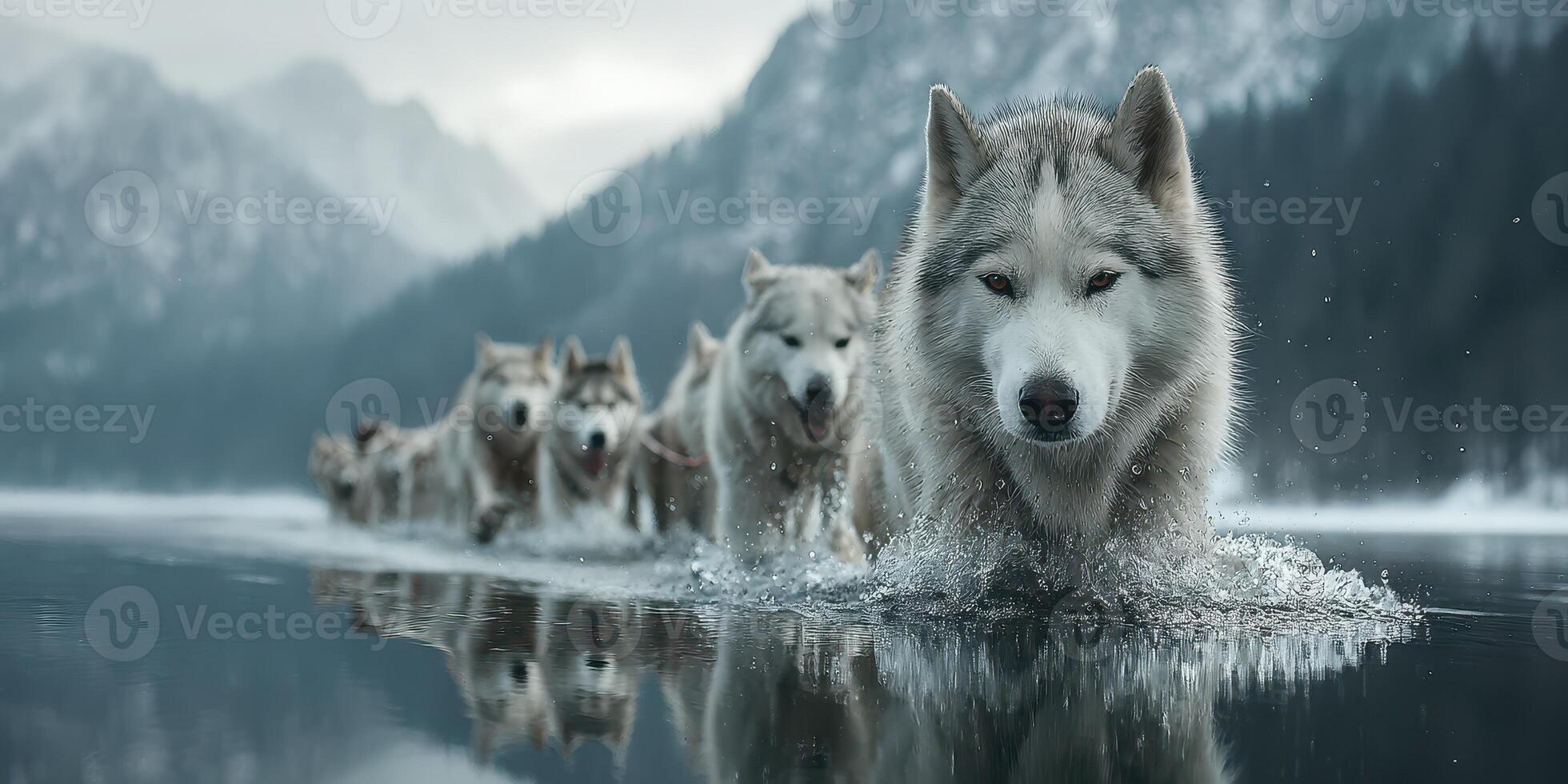 Huskies swimming through a serene lake in a mountainous landscape at dawn, showcasing a unique winter adventure experience photo