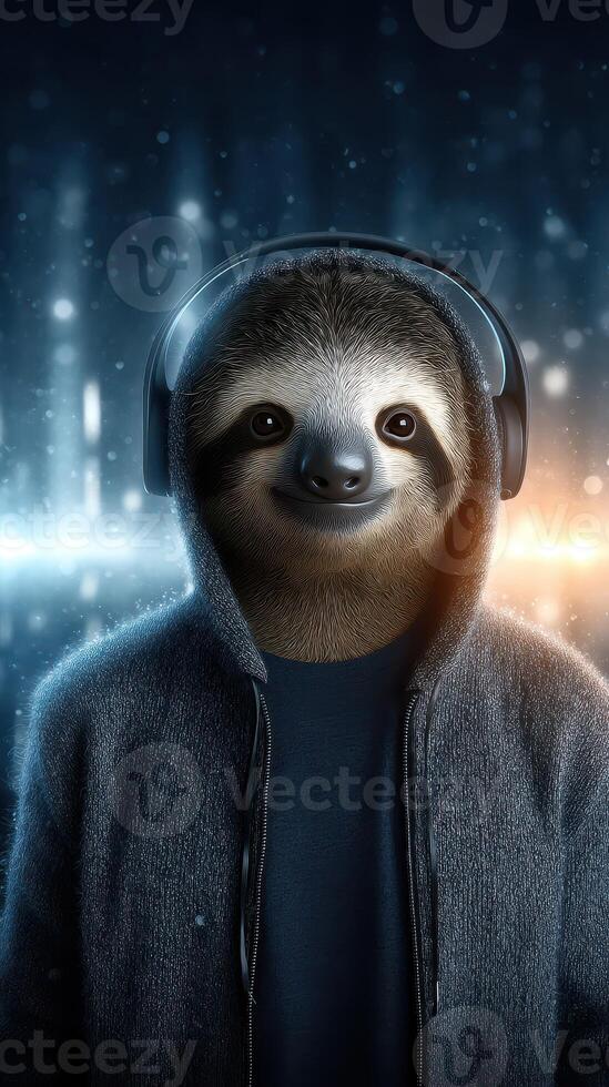 Sloth with headphones enjoying music in a cool urban setting at night photo