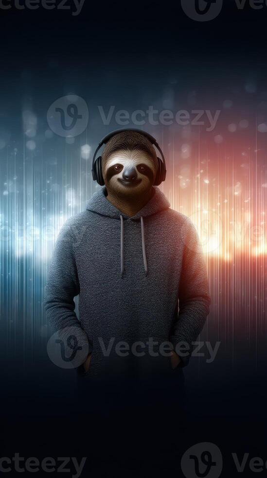 Sloth faced person enjoying music with headphones in a vibrant audio-themed background photo