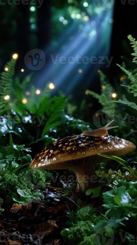 Snail explores vibrant mushroom in a mystical forest during twilight hours photo