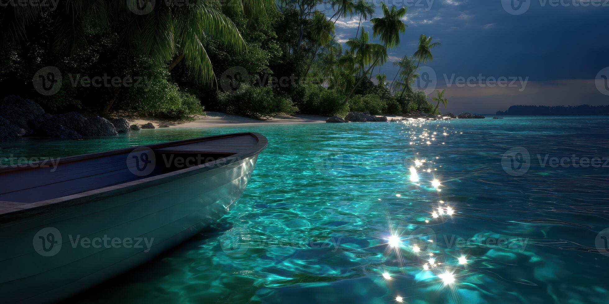 Serene boat anchored in calm turquoise water on a tropical night under a starry sky photo