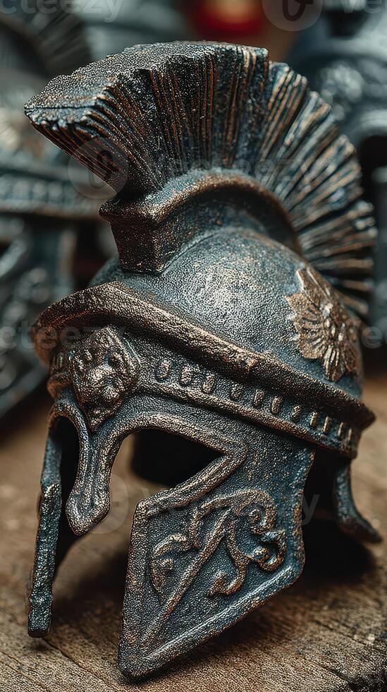 Historic Roman helmet displayed on rustic wooden surface in bright light with details highlighting craftsmanship photo