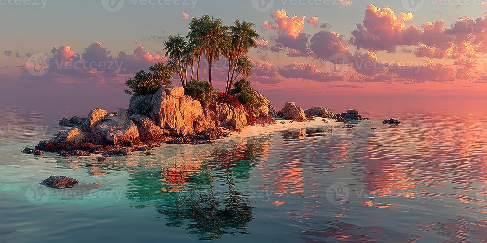 Sunset view of a tropical island with palm trees and calm water reflecting colorful clouds photo