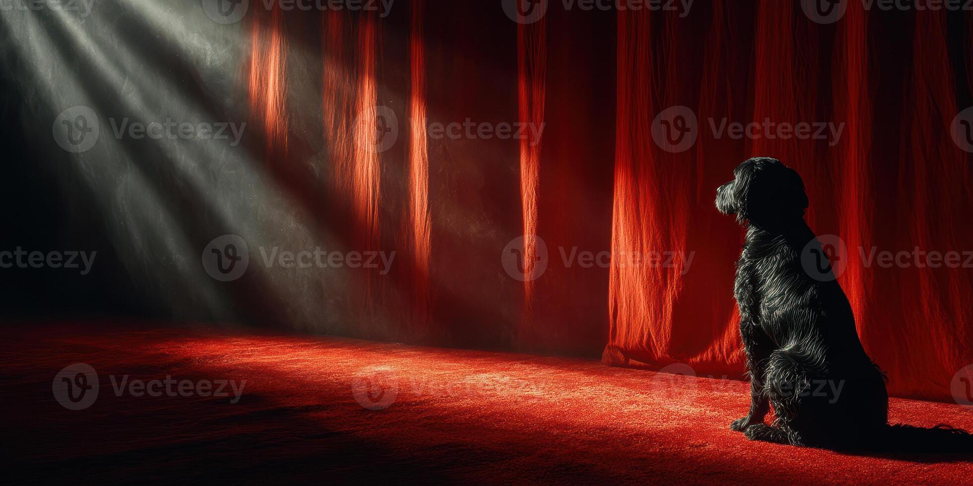 Dog sitting quietly in spotlight with red curtains in a darkened theater setting photo