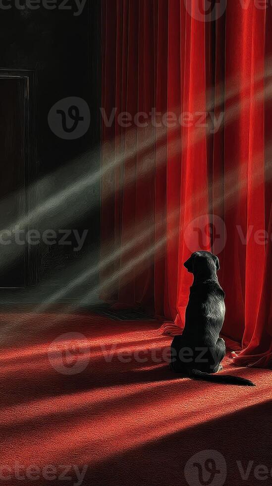 Dog sitting in soft light, gazing at red curtains in a dimly lit room during the evening hours photo