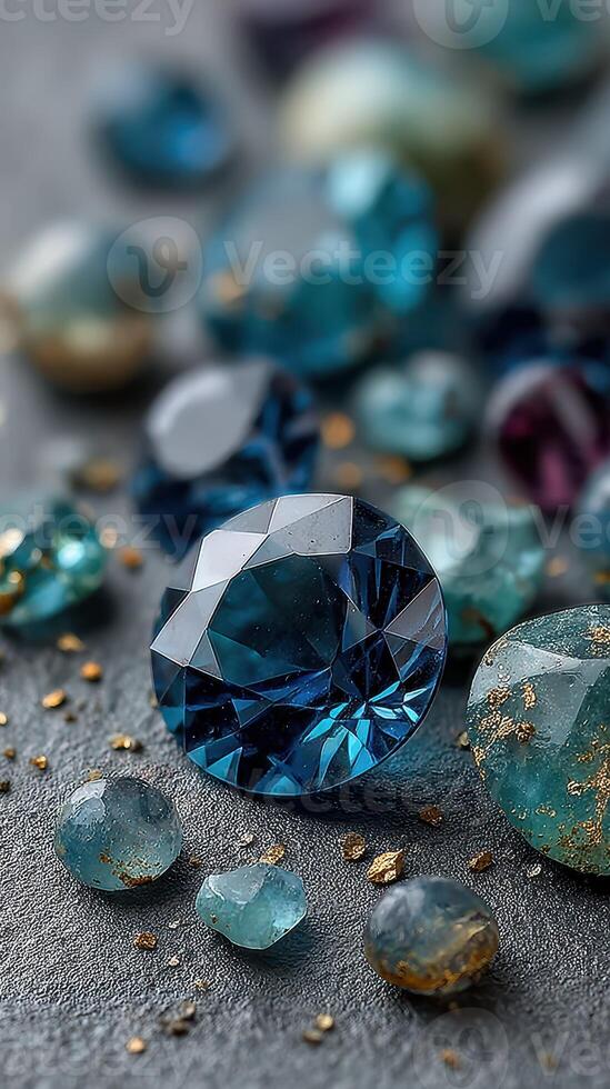 Close-up view of blue gemstones scattered on a textured surface showcasing unique shapes and colors in natural light photo