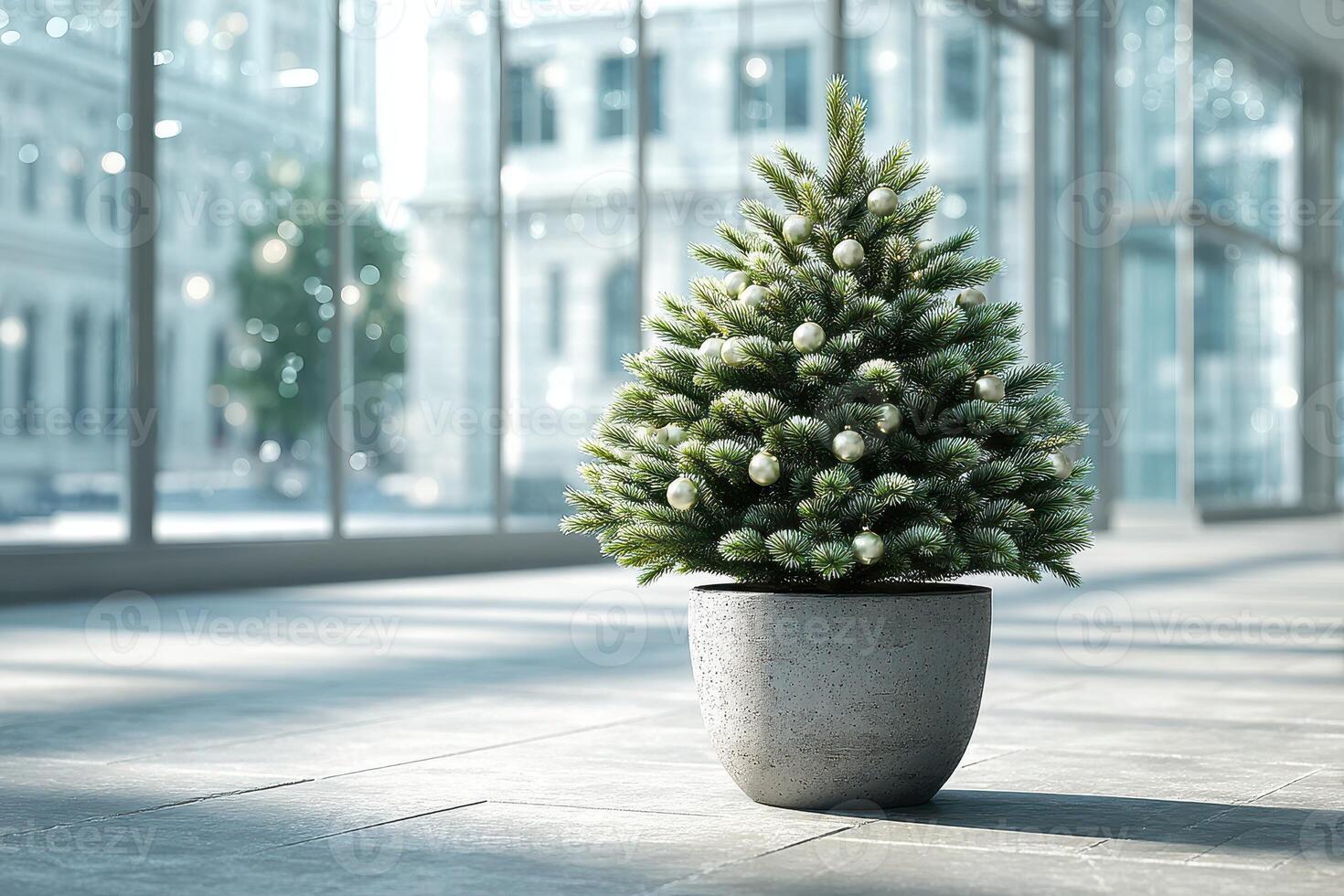 Decorative Christmas tree positioned in a modern indoor space with large windows and natural light during the winter season photo