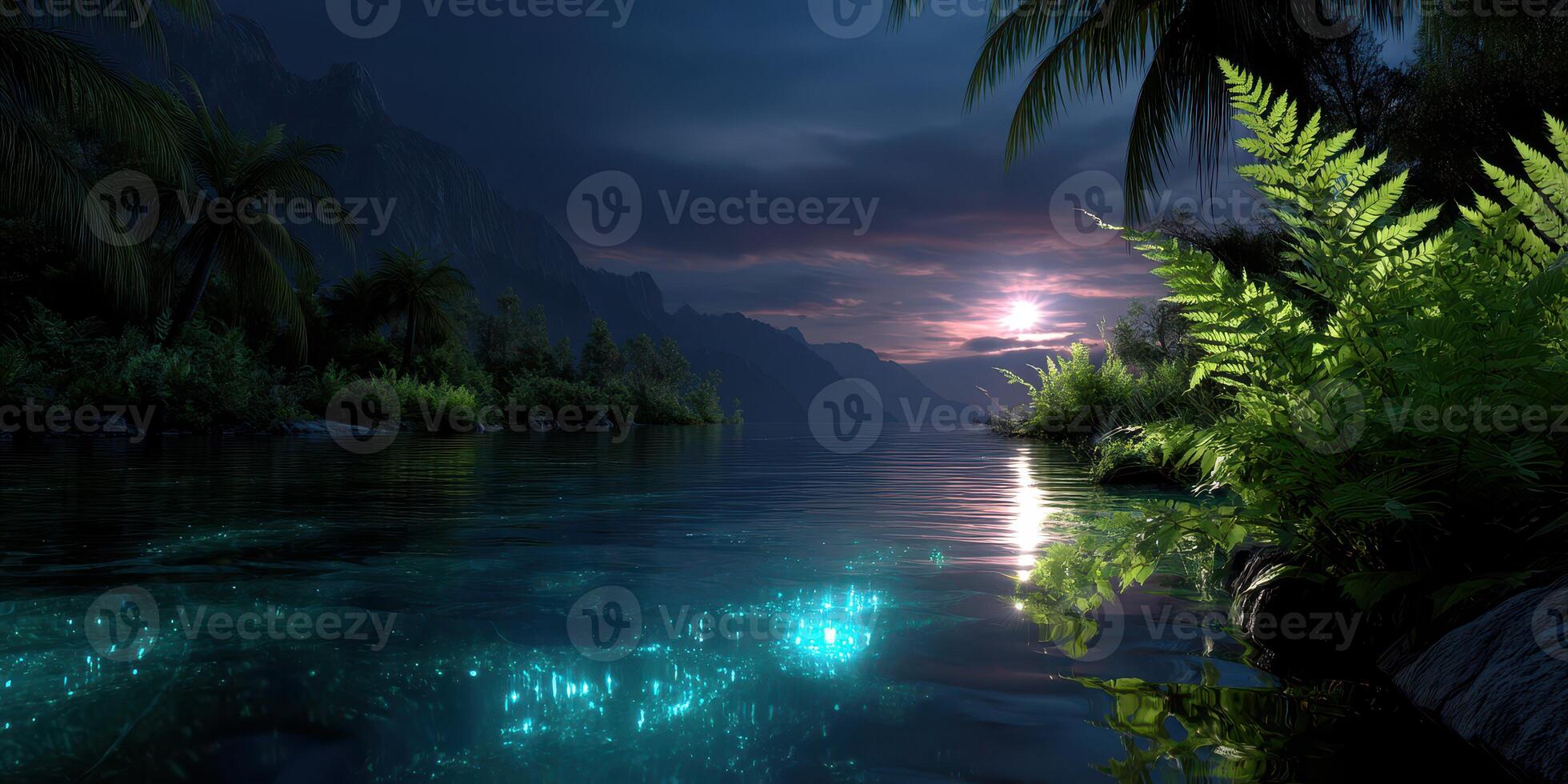 Starlit reflection on serene waters with ferns and palm trees during twilight in a tranquil coastal landscape photo