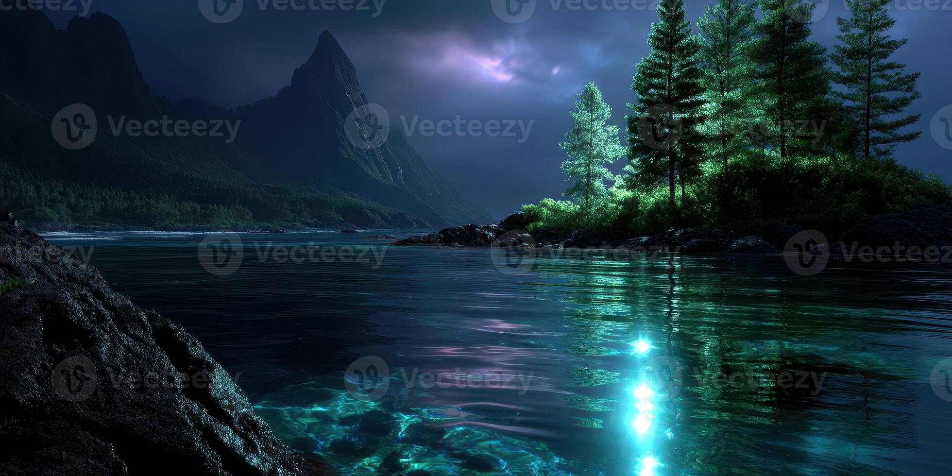 Serene night scene of a lake surrounded by mountains and illuminated trees reflecting on the water photo