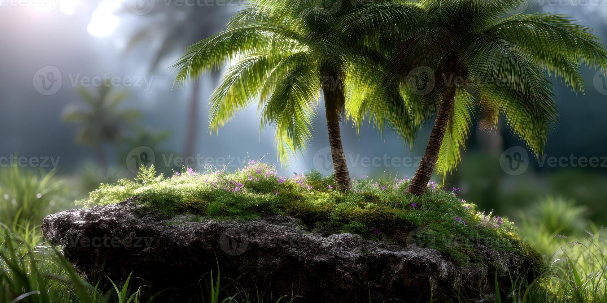 Lush tropical island with vibrant palm trees under soft sunlight in a serene natural setting photo