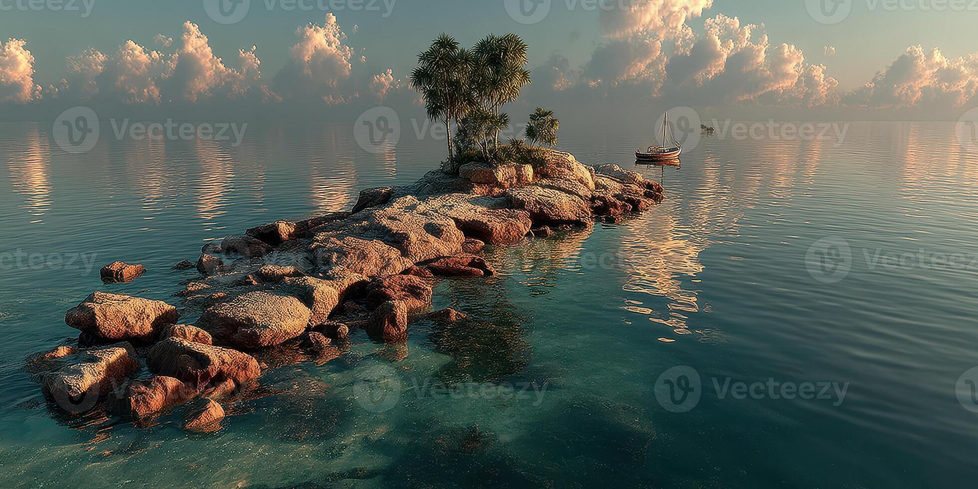 Serene coastal scene with rocky island and sailboat at sunset photo