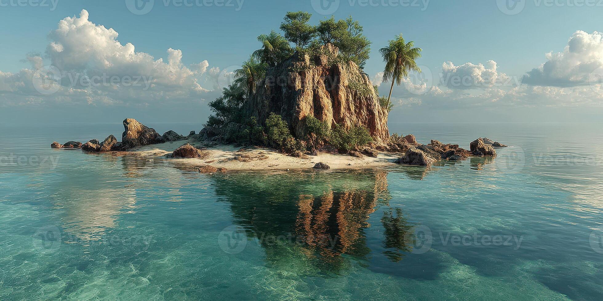 Secluded island with rocky outcrop, palm trees, and clear waters under cloudy sky at dawn photo