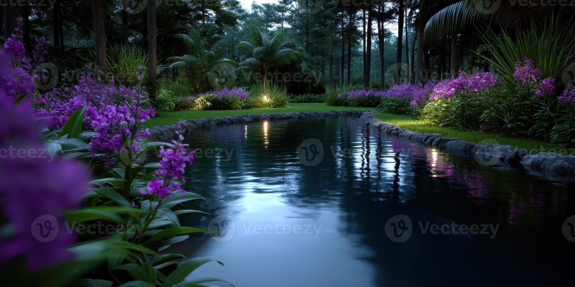 Tranquil evening scene by a serene pond surrounded by blooming purple orchids in a lush forest photo
