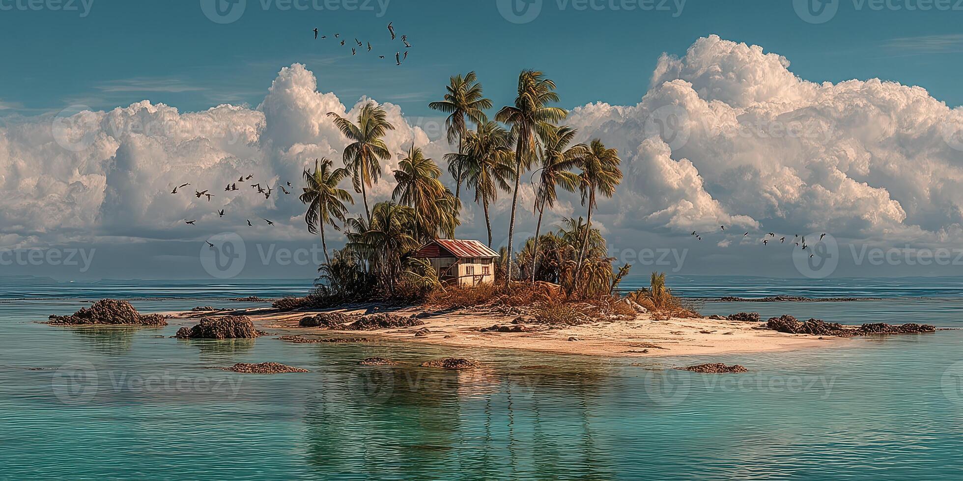 Remote island with a small house surrounded by palm trees and calm waters during a bright day with clouds overhead photo