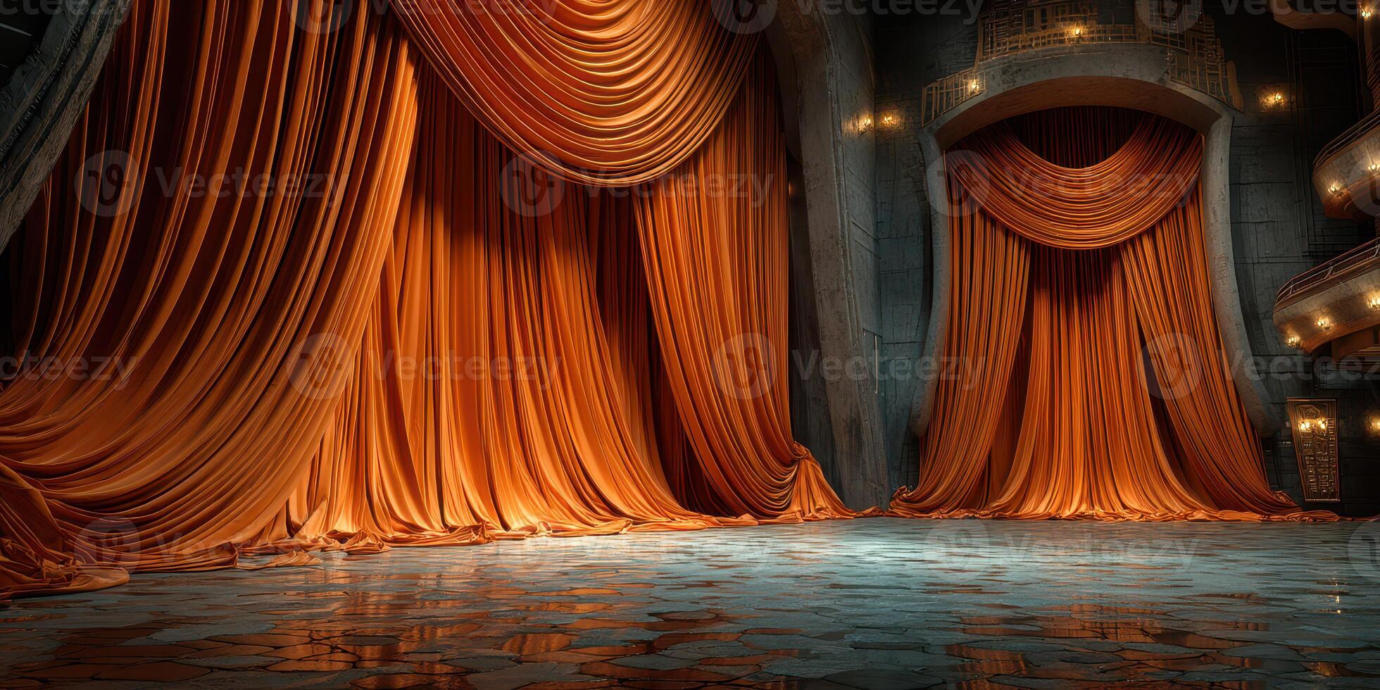 Stage with luxurious orange curtains and polished stone floor set for a performance during the evening at an elegant theater photo