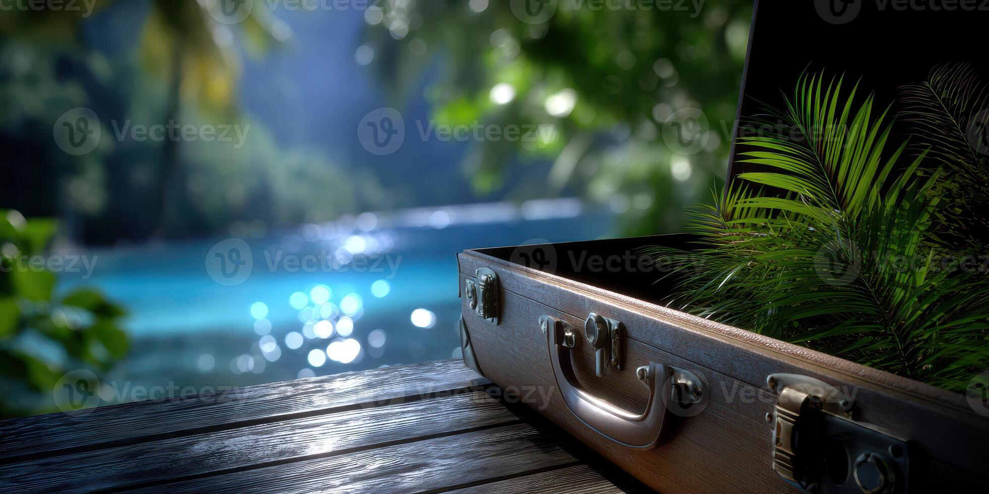 Suitcase with tropical plant near tranquil blue water creates a peaceful getaway atmosphere photo