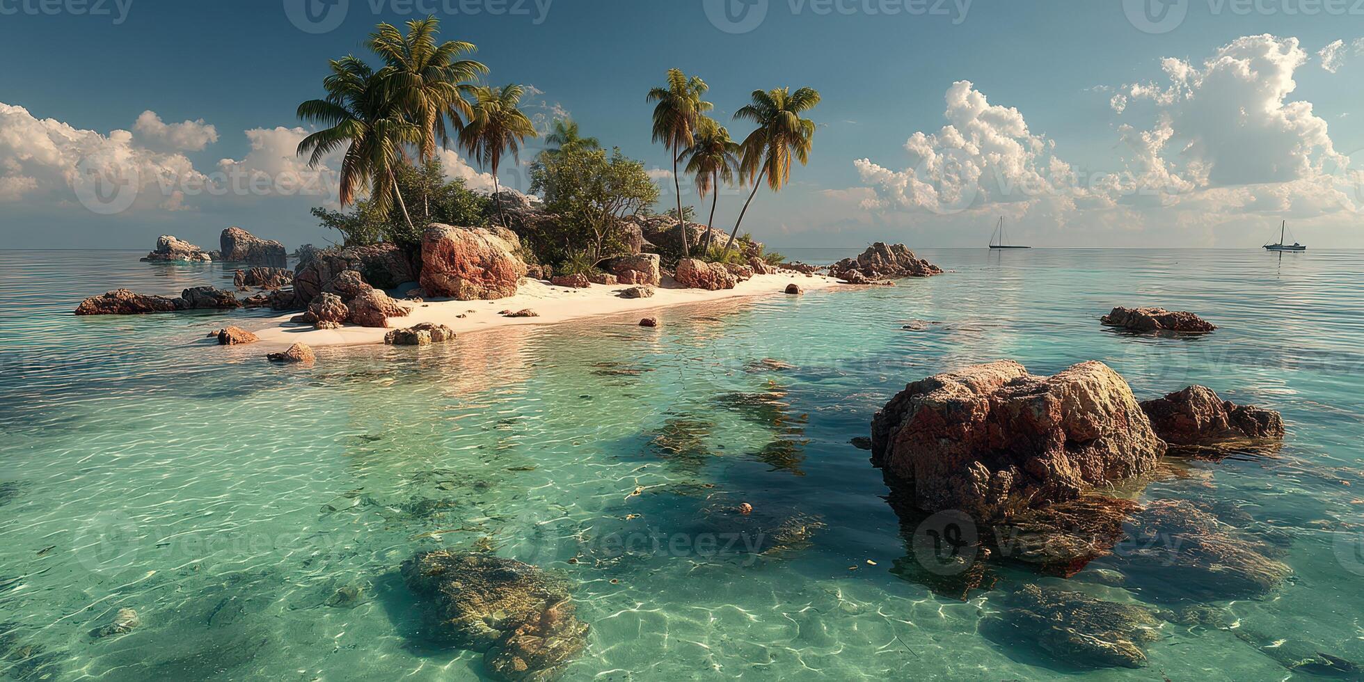 Serene tropical island with clear turquoise water and palm trees under a bright sky during midday photo