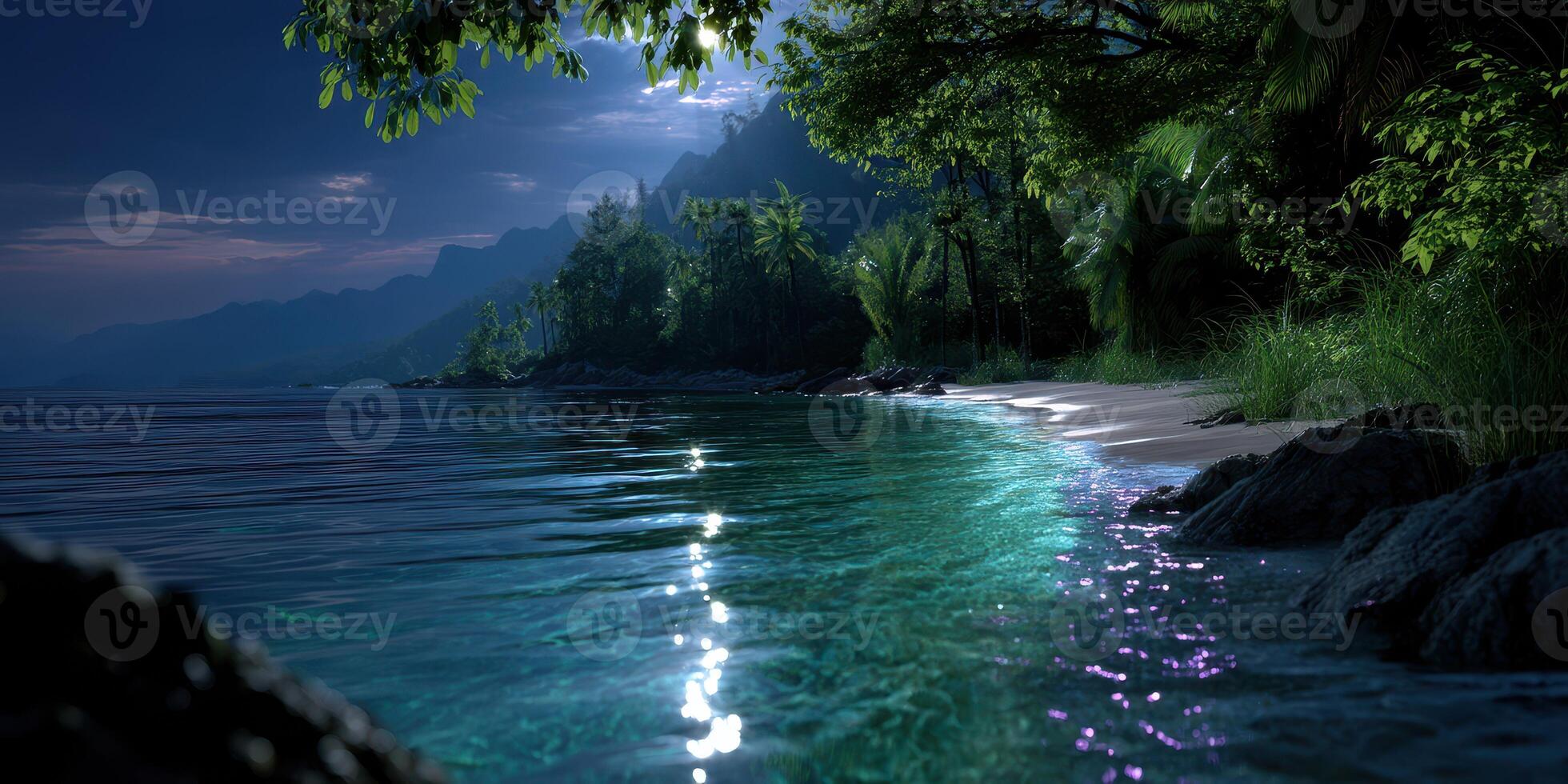 Moonlit coastline with tranquil waters and lush vegetation at night photo