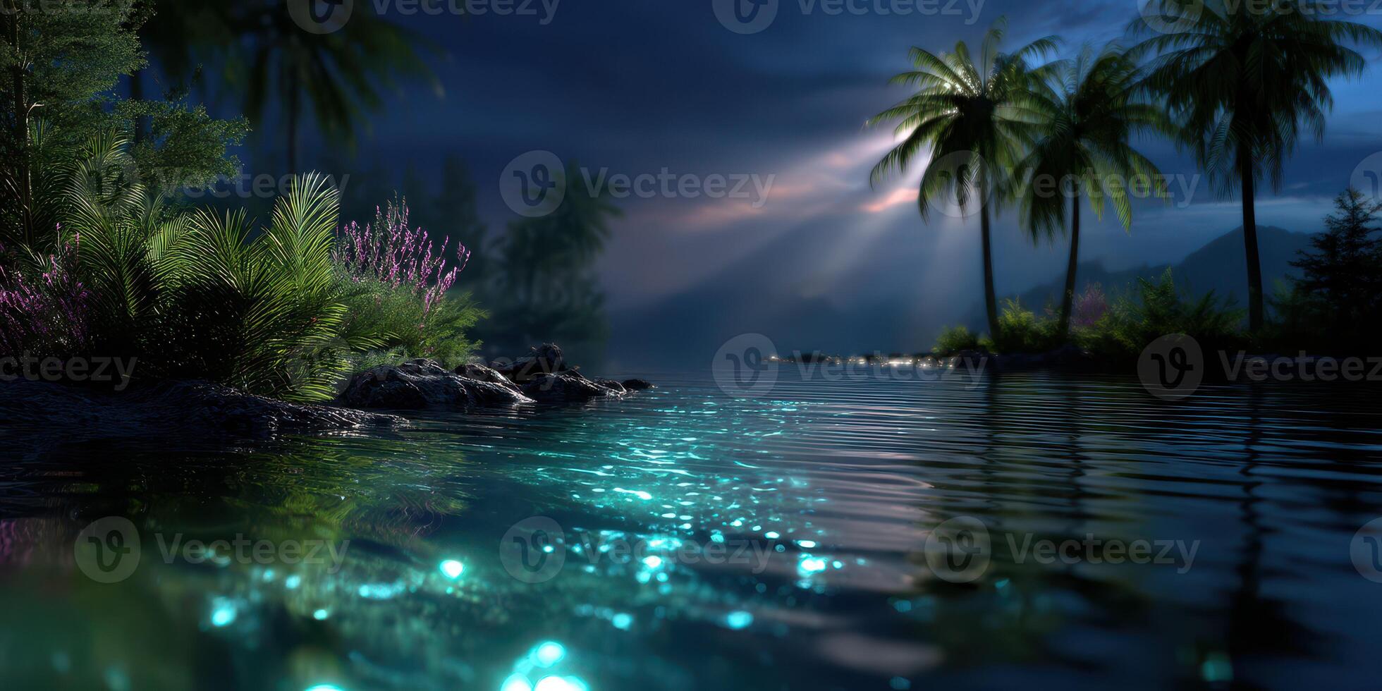 Serene nighttime landscape with shimmering water and palm trees illuminated by moonlight photo