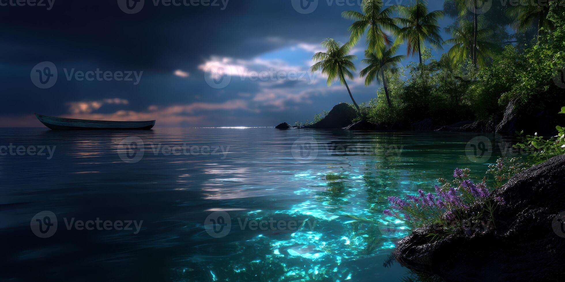 Serene tropical landscape at dusk with glowing water and distant boat under dramatic clouds photo