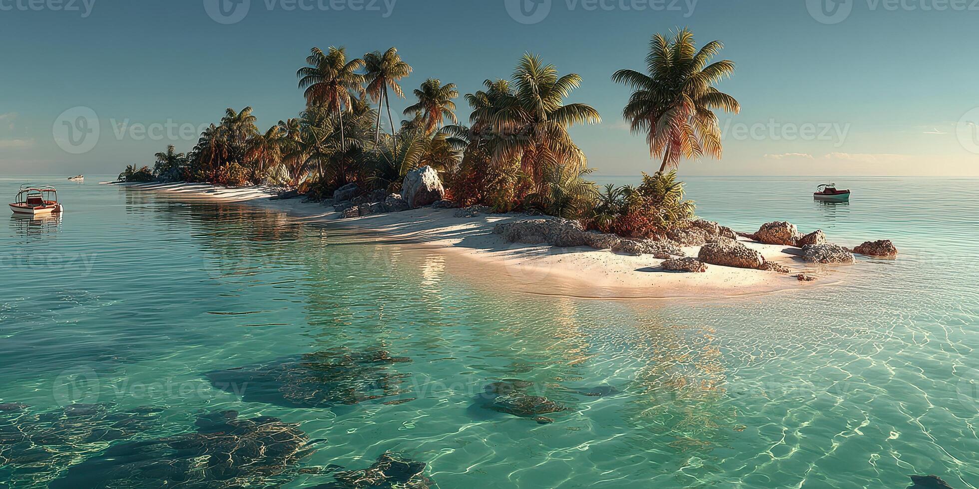 Tropical island paradise with clear waters and lush palm trees during golden hour in a serene coastal setting photo