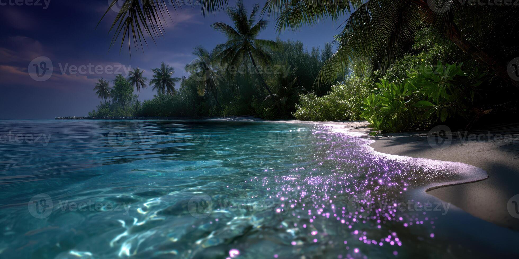 Serene tropical shoreline reflecting moonlight during the night with sparkling waters and lush palm trees photo