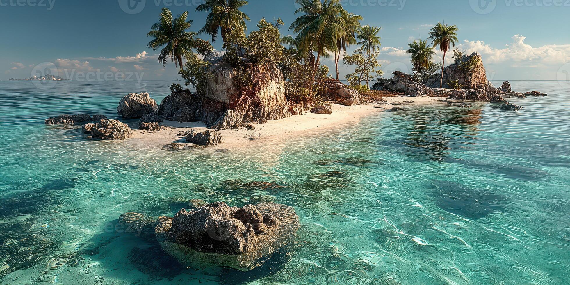 Tropical island with palm trees and clear water under a sunny sky in a serene landscape photo
