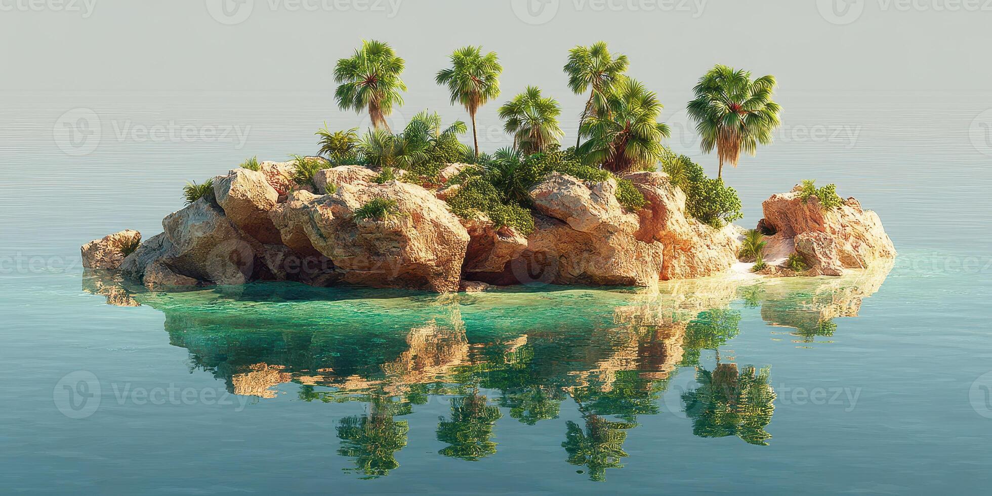 Tropical island with palm trees surrounded by clear blue water at dawn showcasing scenic beauty and tranquility photo