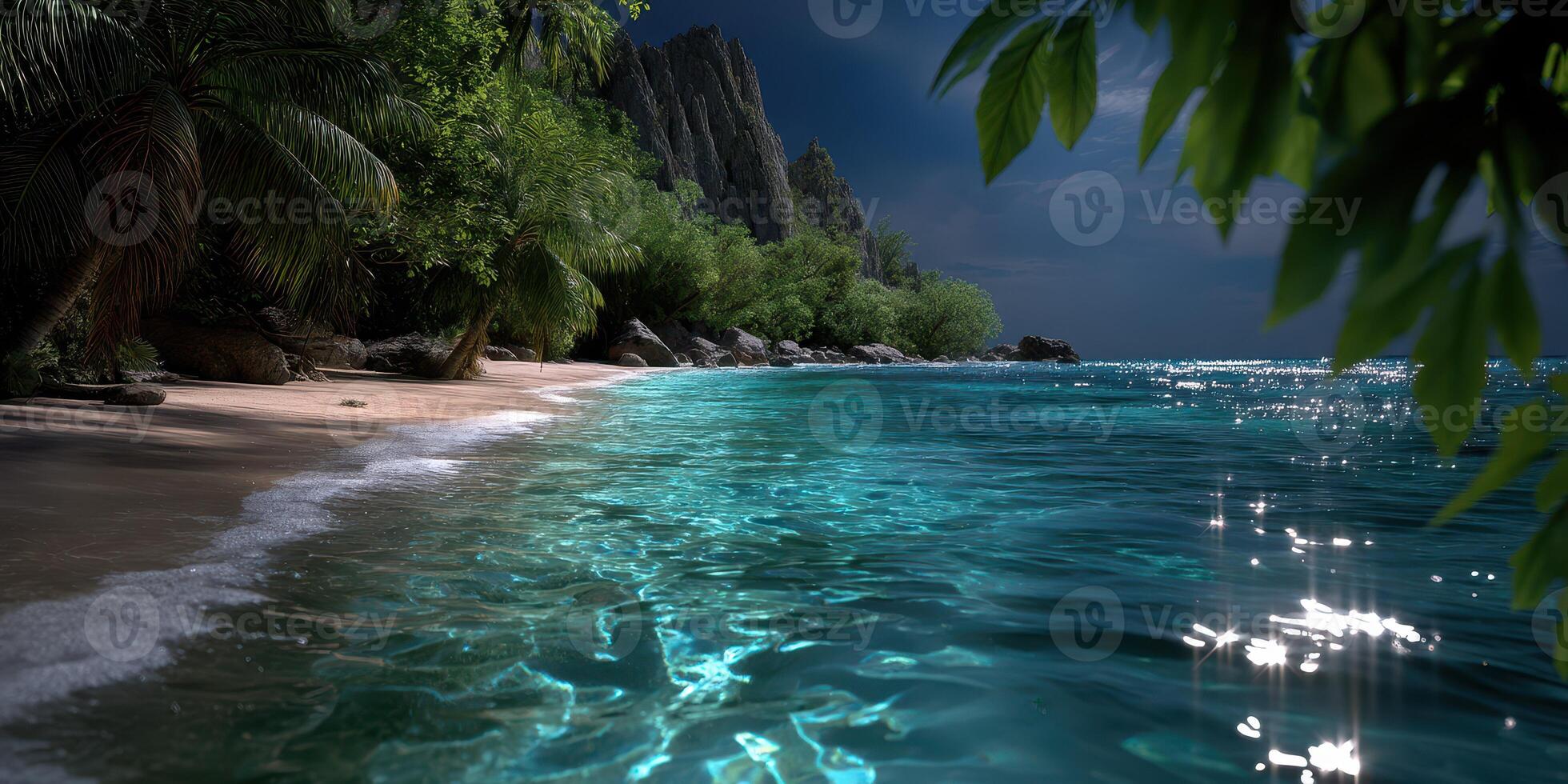 Bright moonlight illuminates a serene beach with sparkling waters and lush greenery at night photo