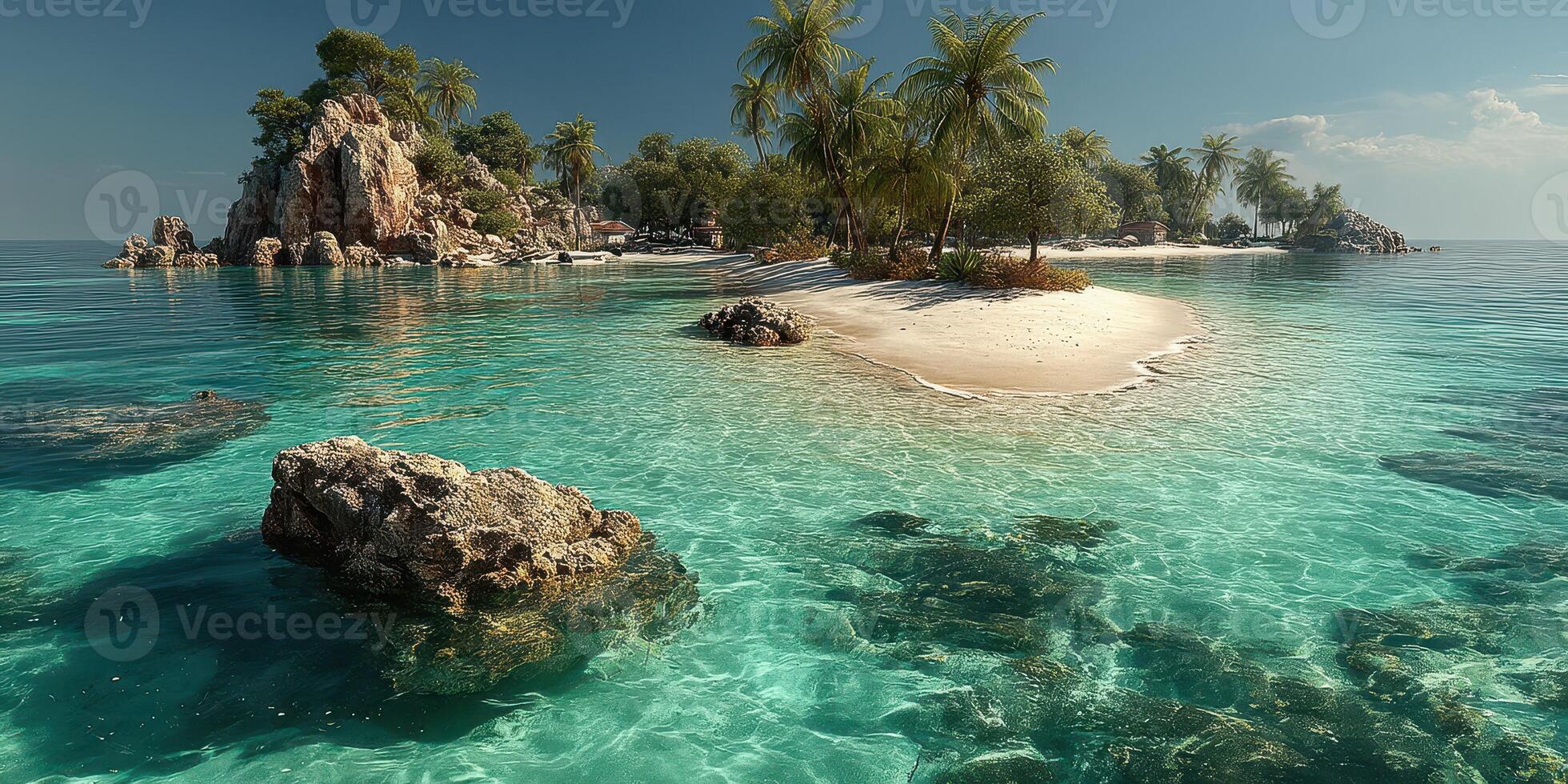 Tropical island paradise with clear turquoise waters and sandy beach during a sunny day photo