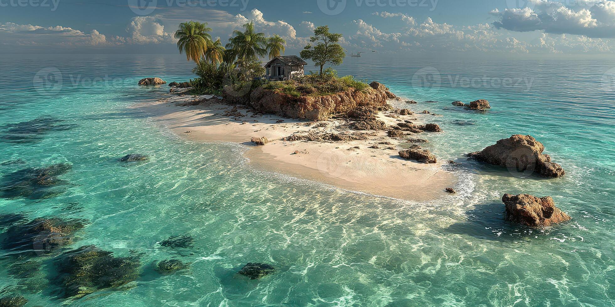 Crystal clear waters and tropical island with palm trees under a cloudy sky in a serene coastal setting photo
